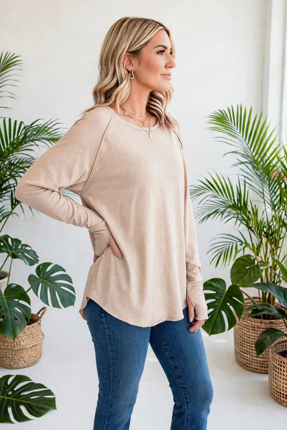 Cotton Raglan Sleeve Thumbhole Top