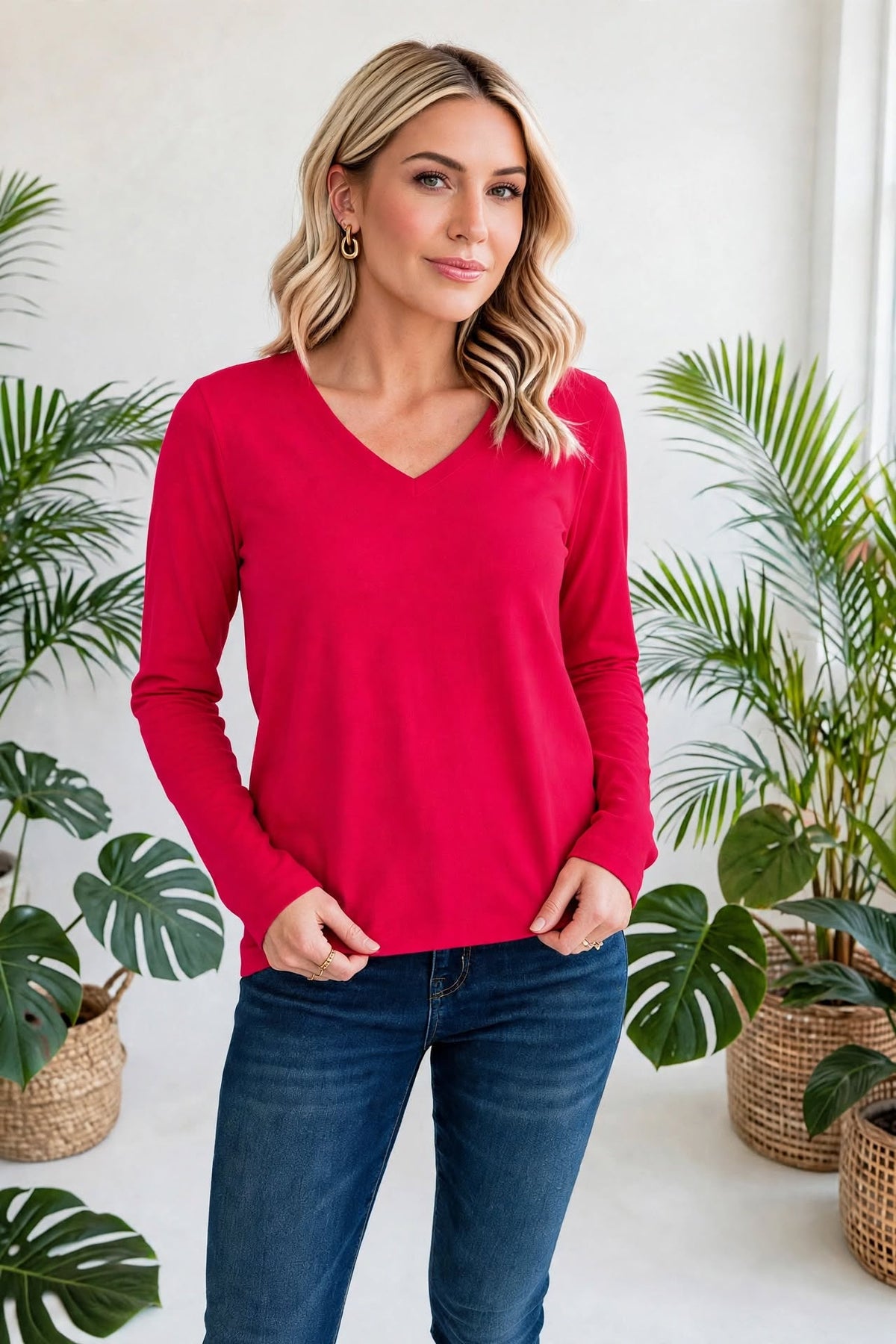 Cotton V-Neck Long Sleeve T-Shirt