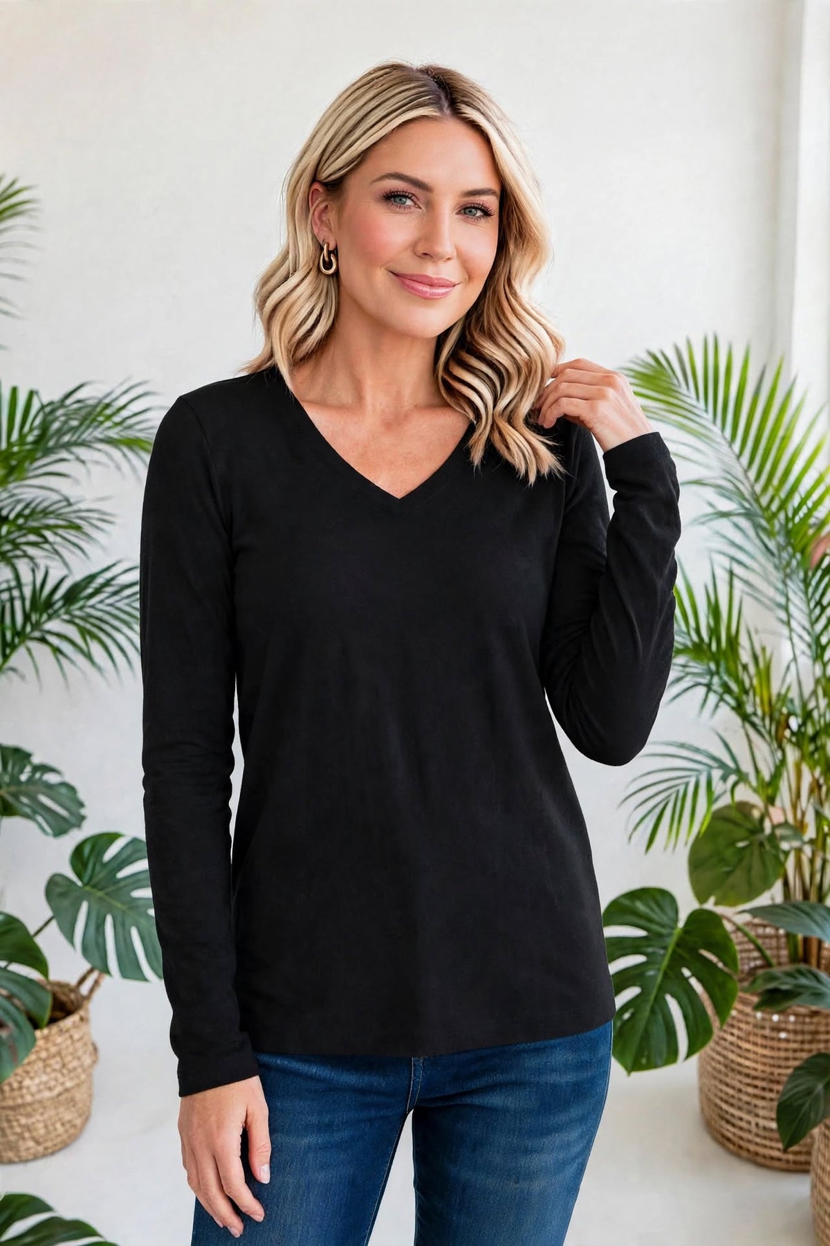 Cotton V-Neck Long Sleeve T-Shirt