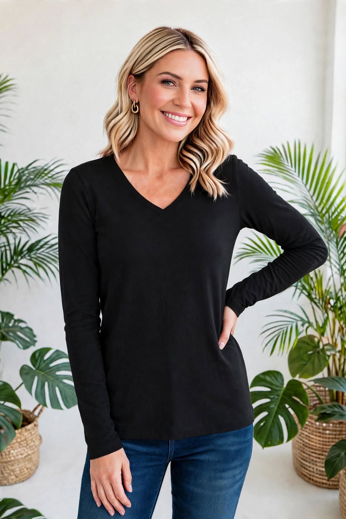 Cotton V-Neck Long Sleeve T-Shirt