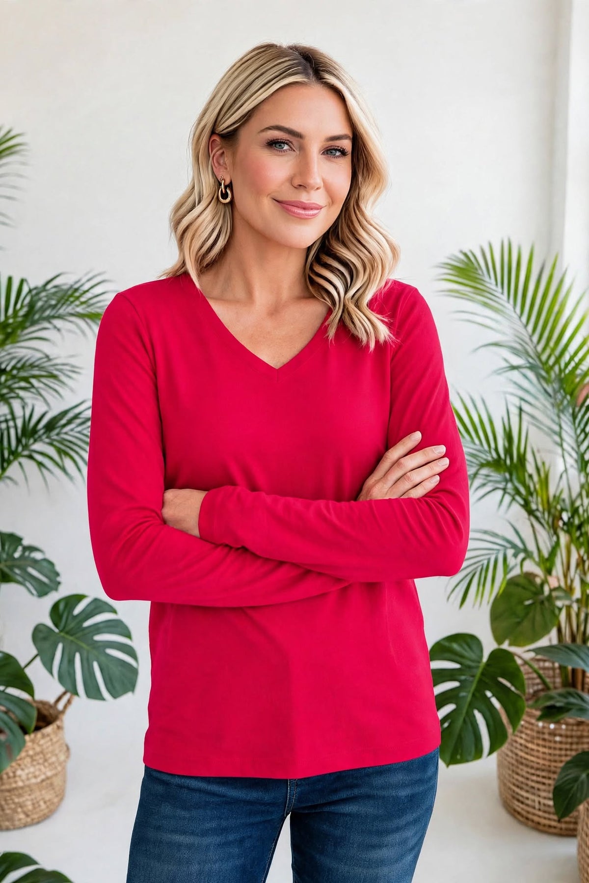 Cotton V-Neck Long Sleeve T-Shirt