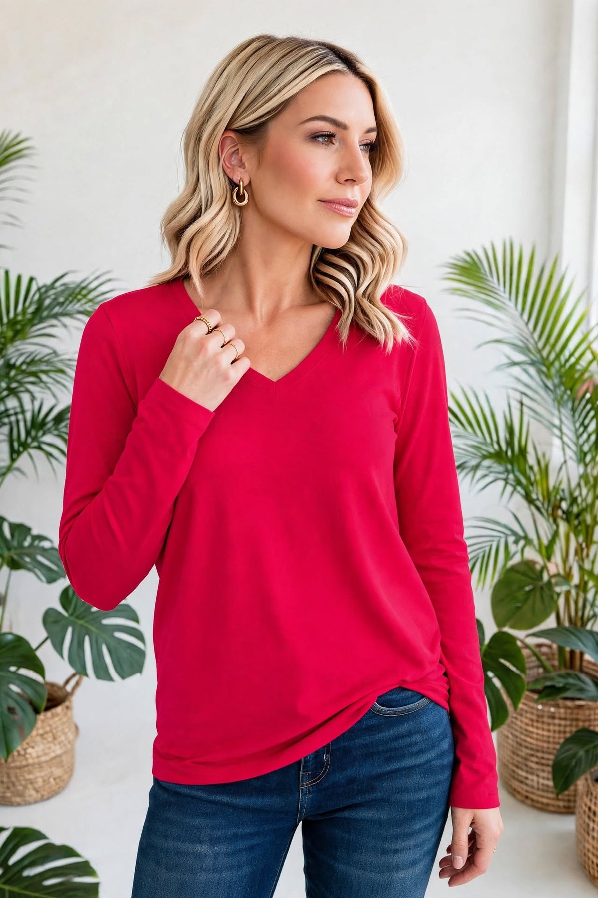 Cotton V-Neck Long Sleeve T-Shirt