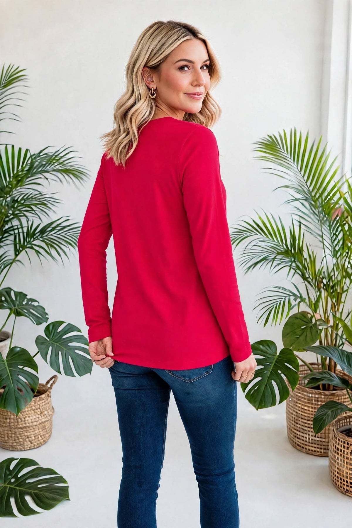 Cotton V-Neck Long Sleeve T-Shirt