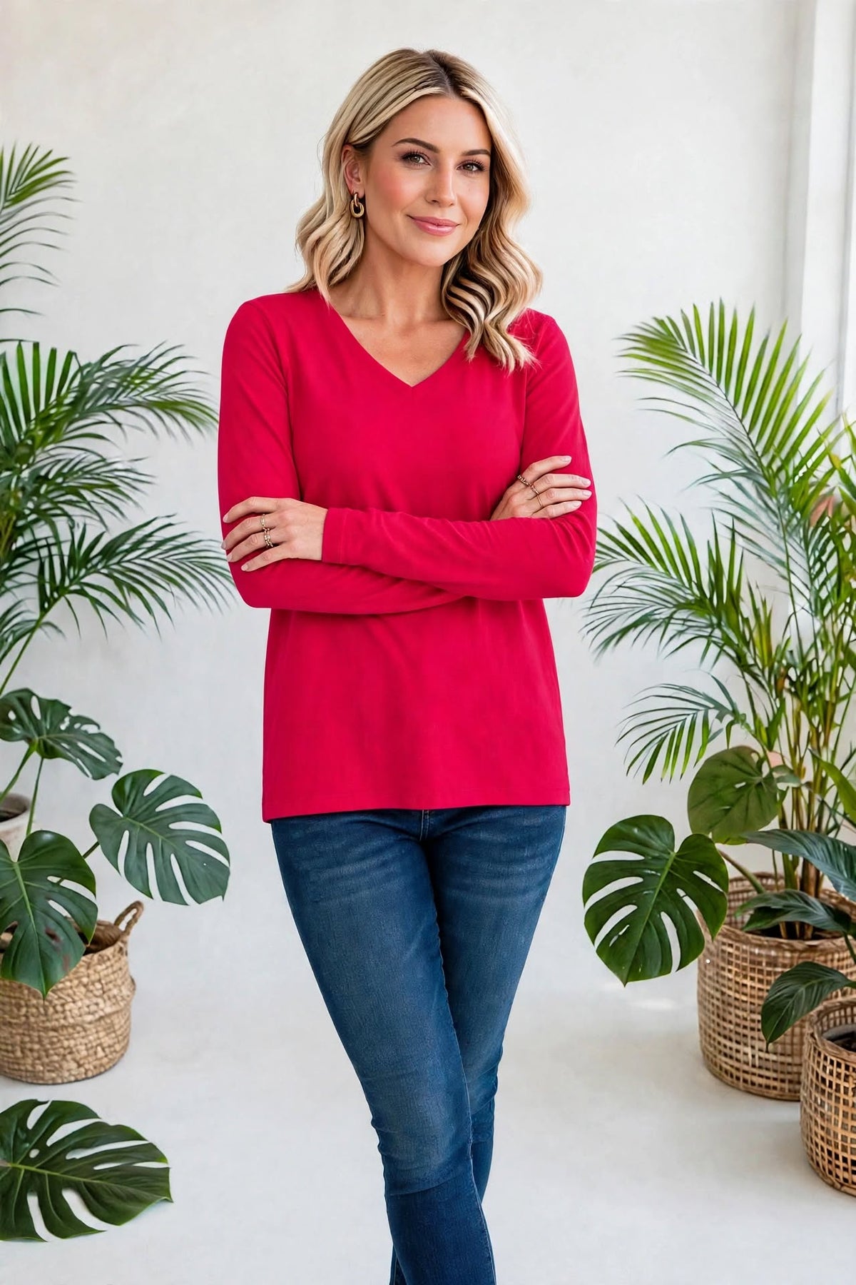Cotton V-Neck Long Sleeve T-Shirt