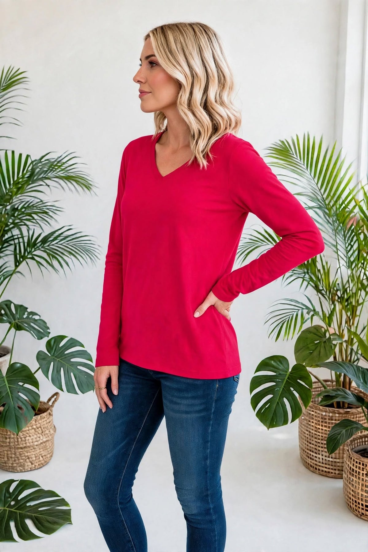 Cotton V-Neck Long Sleeve T-Shirt