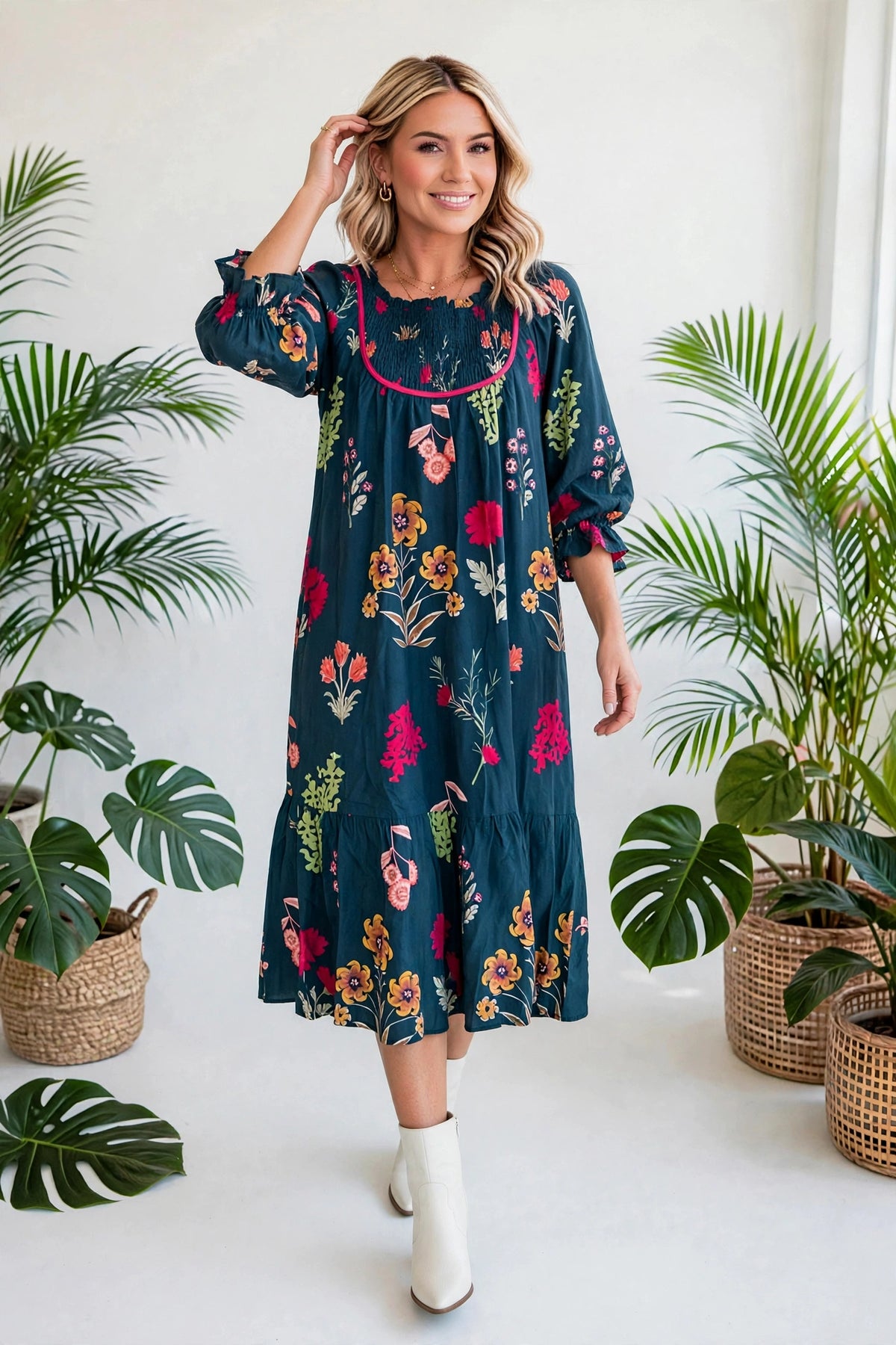 Bloom Belle 7/8 Sleeve Midi Dress | S-XL