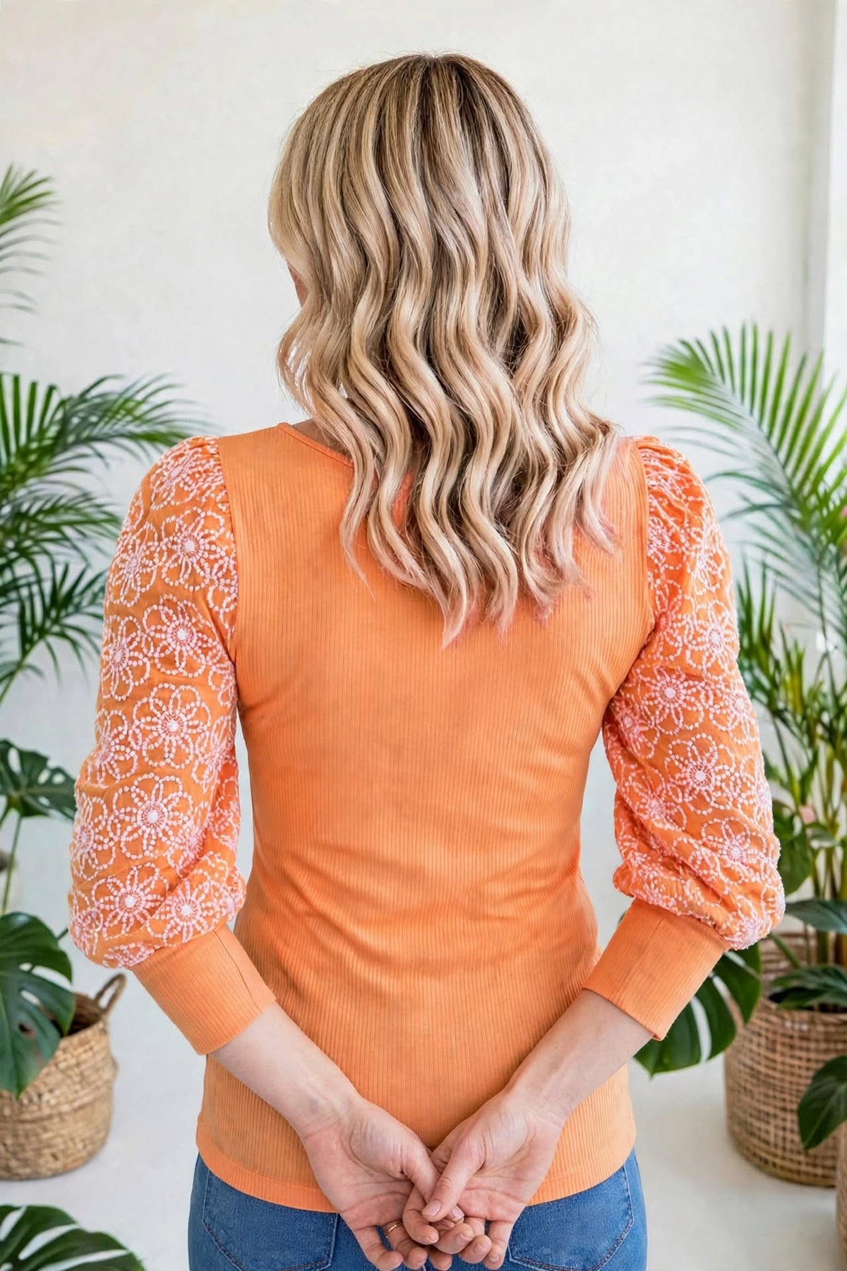 Flower Puff Sleeve Ribbed Knit Top