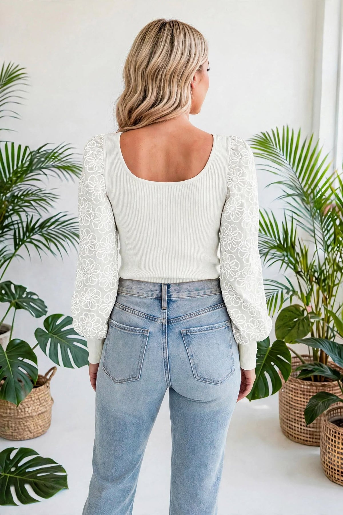 Flower Puff Sleeve Ribbed Knit Top