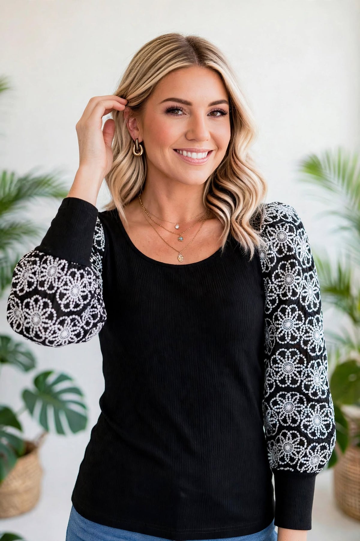 Flower Puff Sleeve Ribbed Knit Top