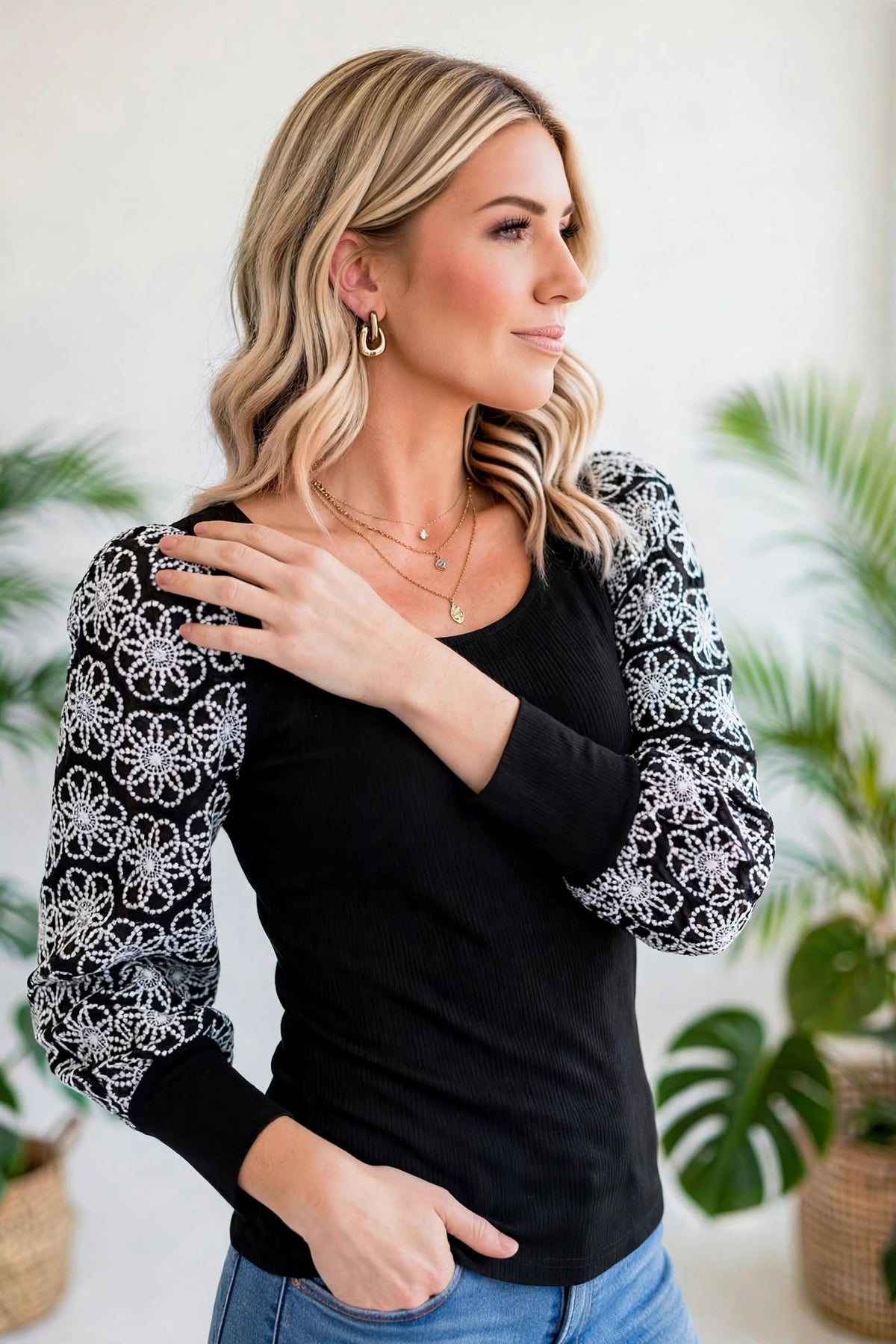 Flower Puff Sleeve Ribbed Knit Top