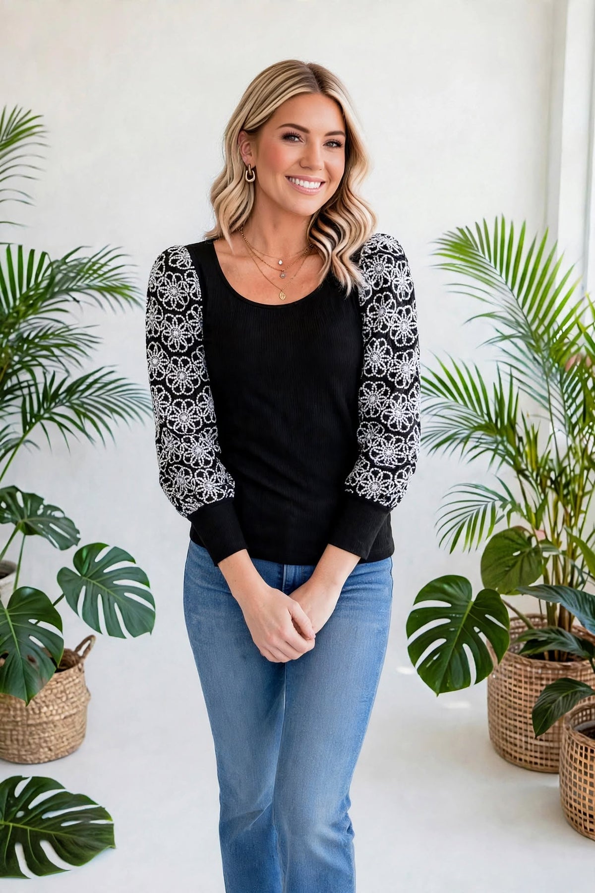 Flower Puff Sleeve Ribbed Knit Top