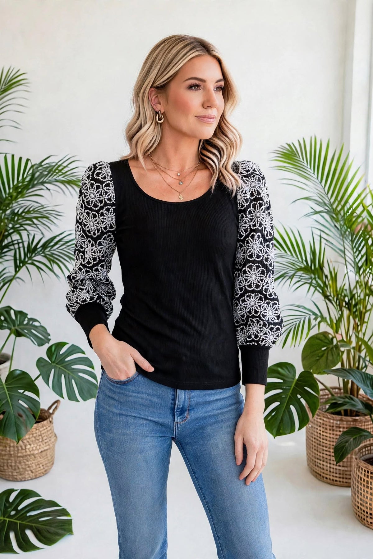 Flower Puff Sleeve Ribbed Knit Top