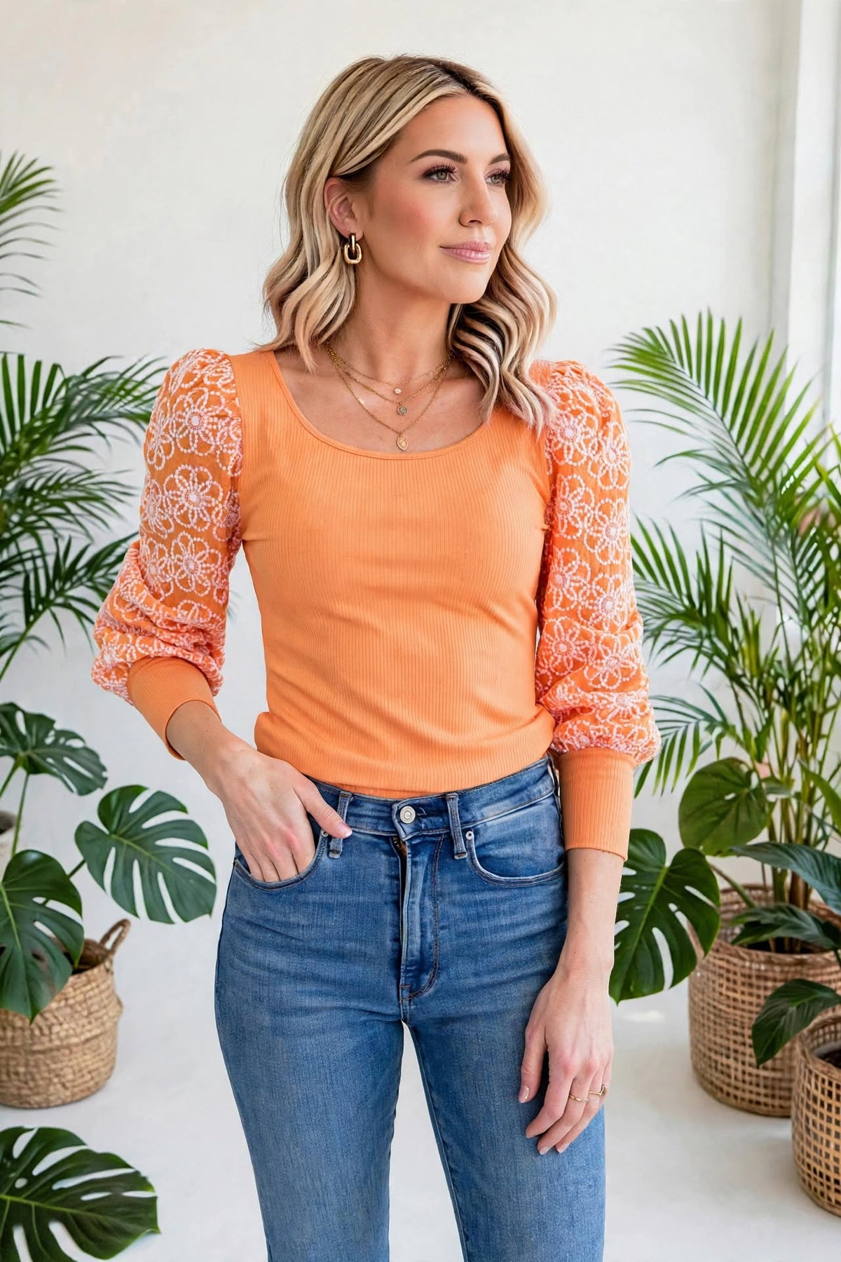 Flower Puff Sleeve Ribbed Knit Top