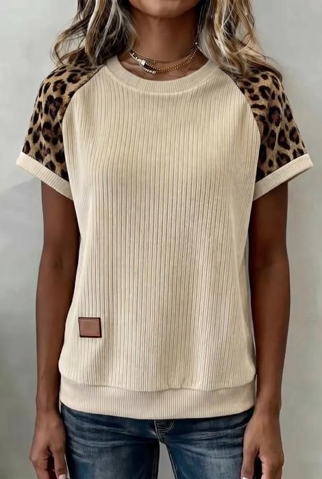 Ribbed Chic Colorblock Leopard Sleeve Tee | S-XL