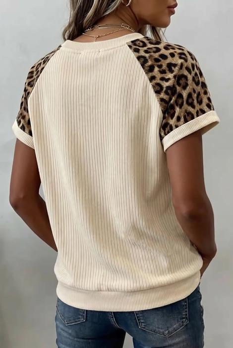 Ribbed Chic Colorblock Leopard Sleeve Tee | S-XL