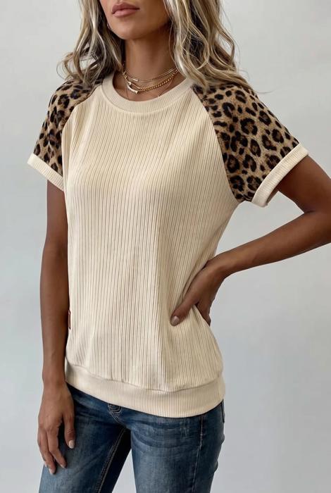 Ribbed Chic Colorblock Leopard Sleeve Tee | S-XL