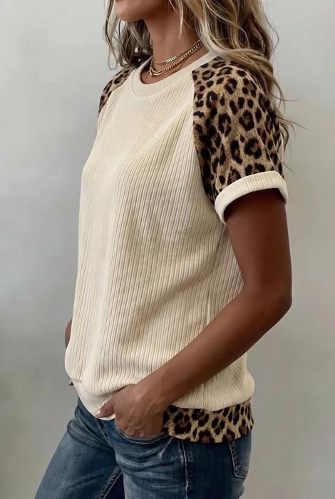 Ribbed Chic Colorblock Leopard Sleeve Tee | S-XL