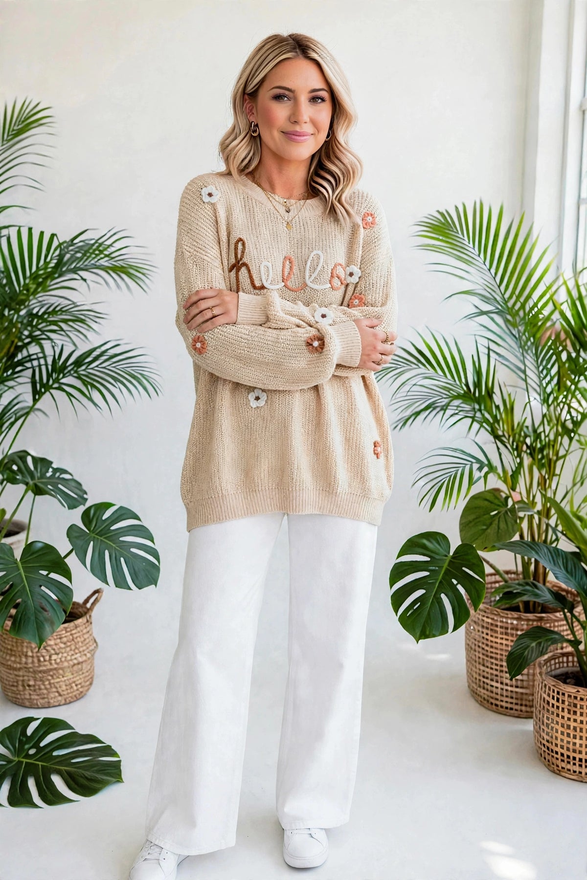 Hello Floral Embroidered Knit Loose Sweater