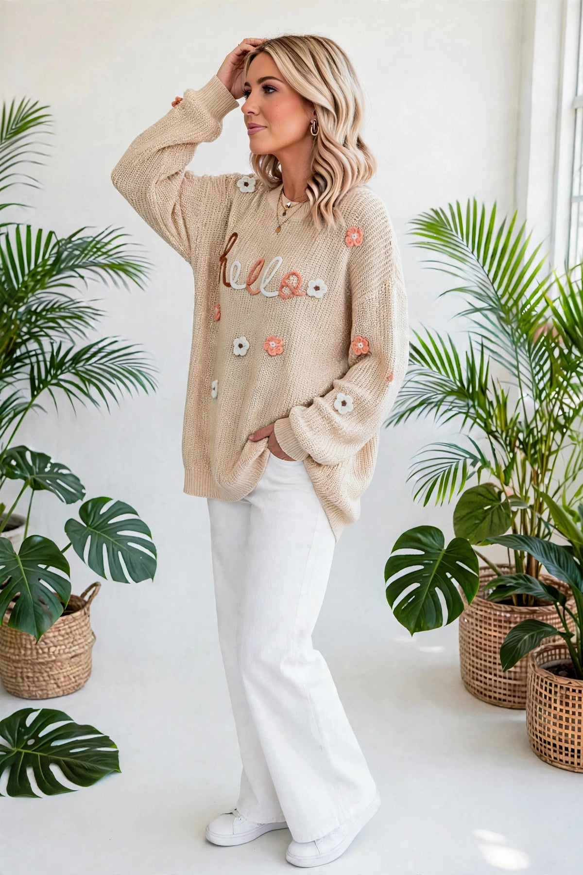 Hello Floral Embroidered Knit Loose Sweater