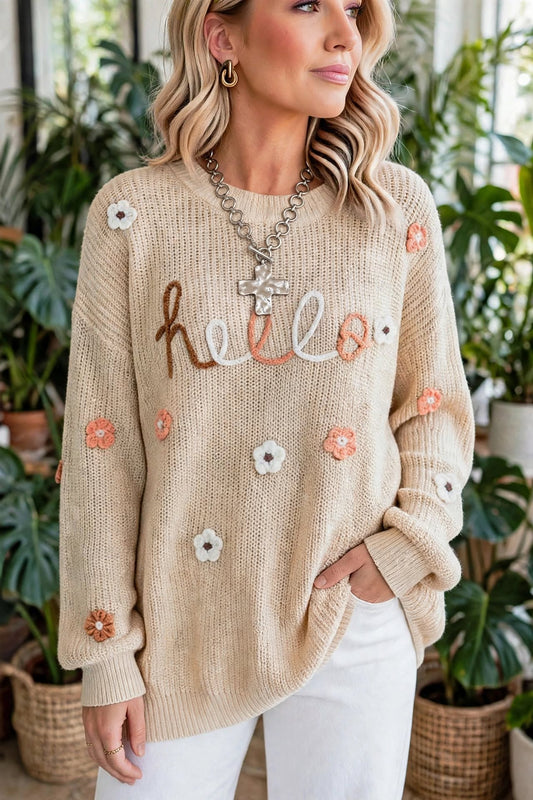 Hello Floral Embroidered Knit Loose Sweater