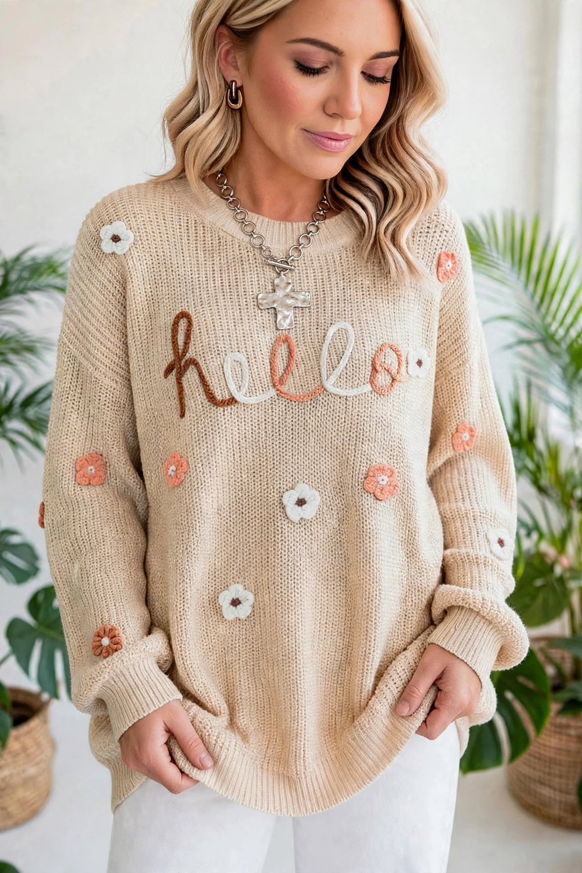 Hello Floral Embroidered Knit Loose Sweater