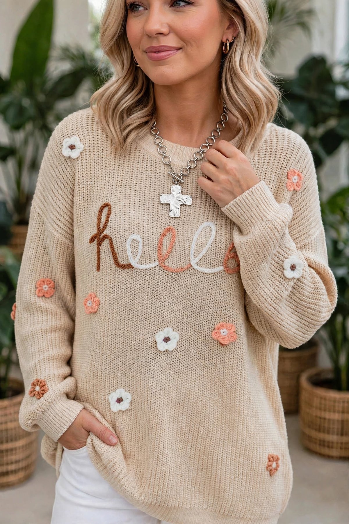 Hello Floral Embroidered Knit Loose Sweater