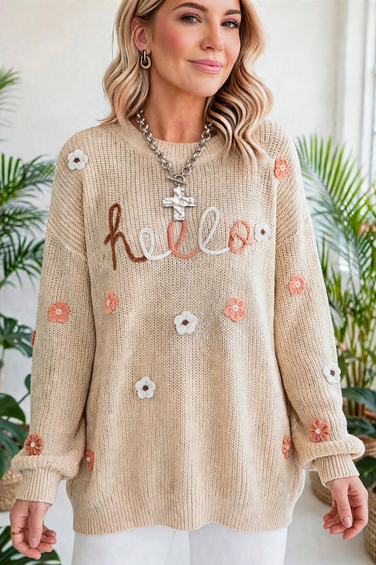 Hello Floral Embroidered Knit Loose Sweater