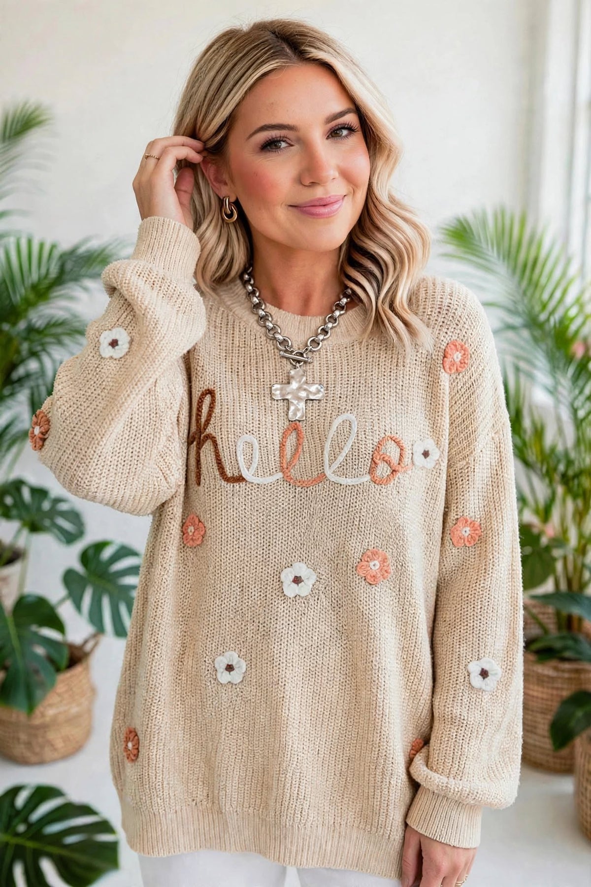 Hello Floral Embroidered Knit Loose Sweater