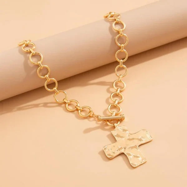 Hammered Cross Front Toggle Necklace