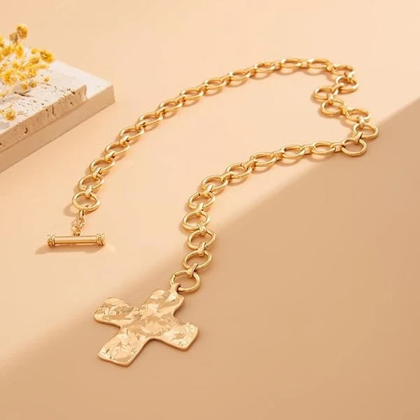 Hammered Cross Front Toggle Necklace
