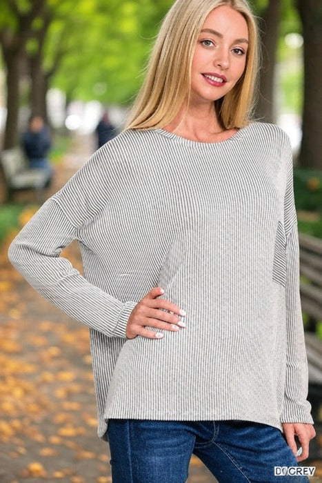 Ribbed Striped Oversized Long Sleeve Top