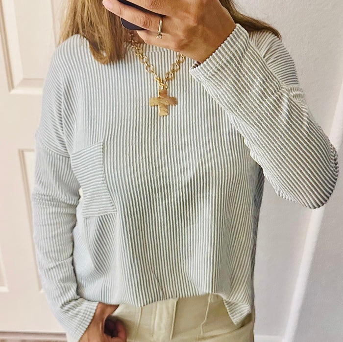 Ribbed Striped Oversized Long Sleeve Top