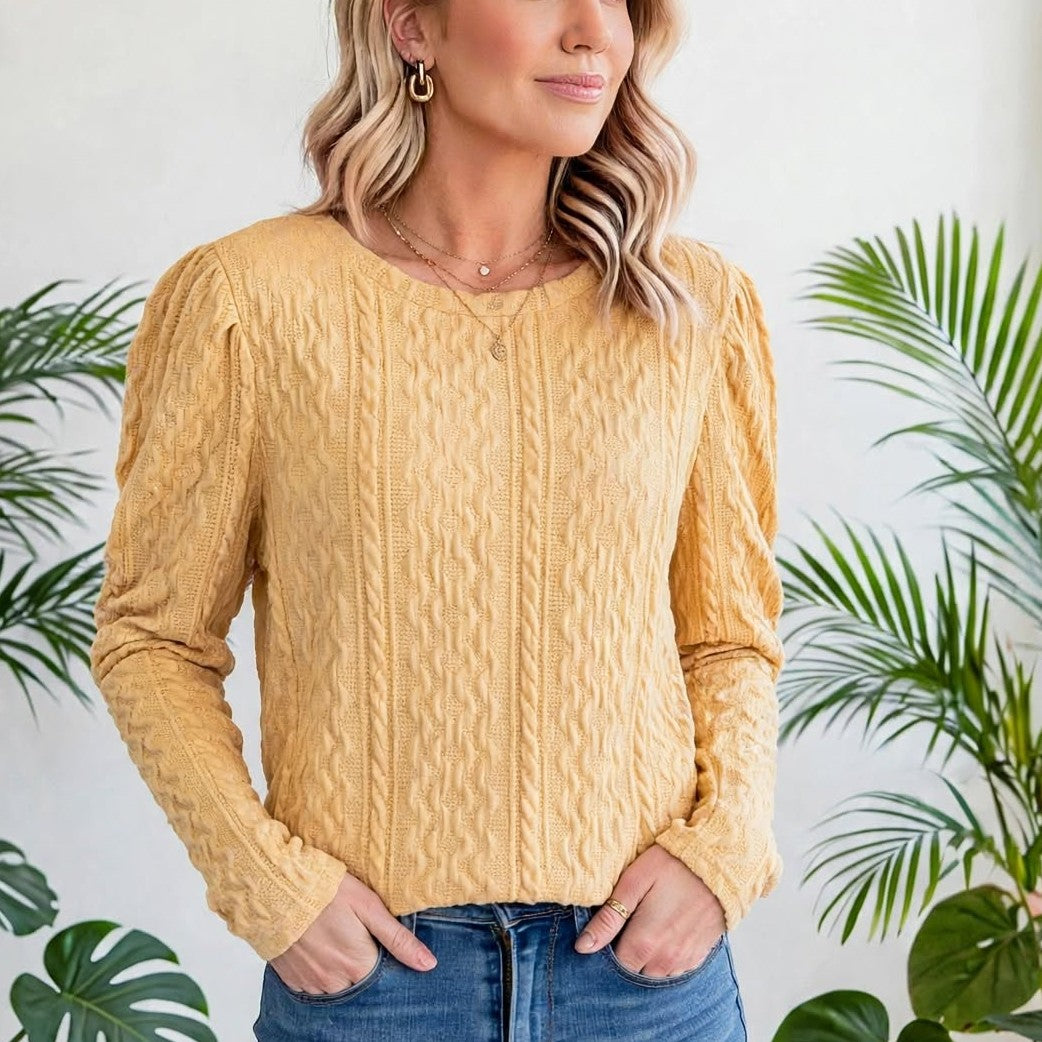 Puffy Sleeve Textured Knit Sweater