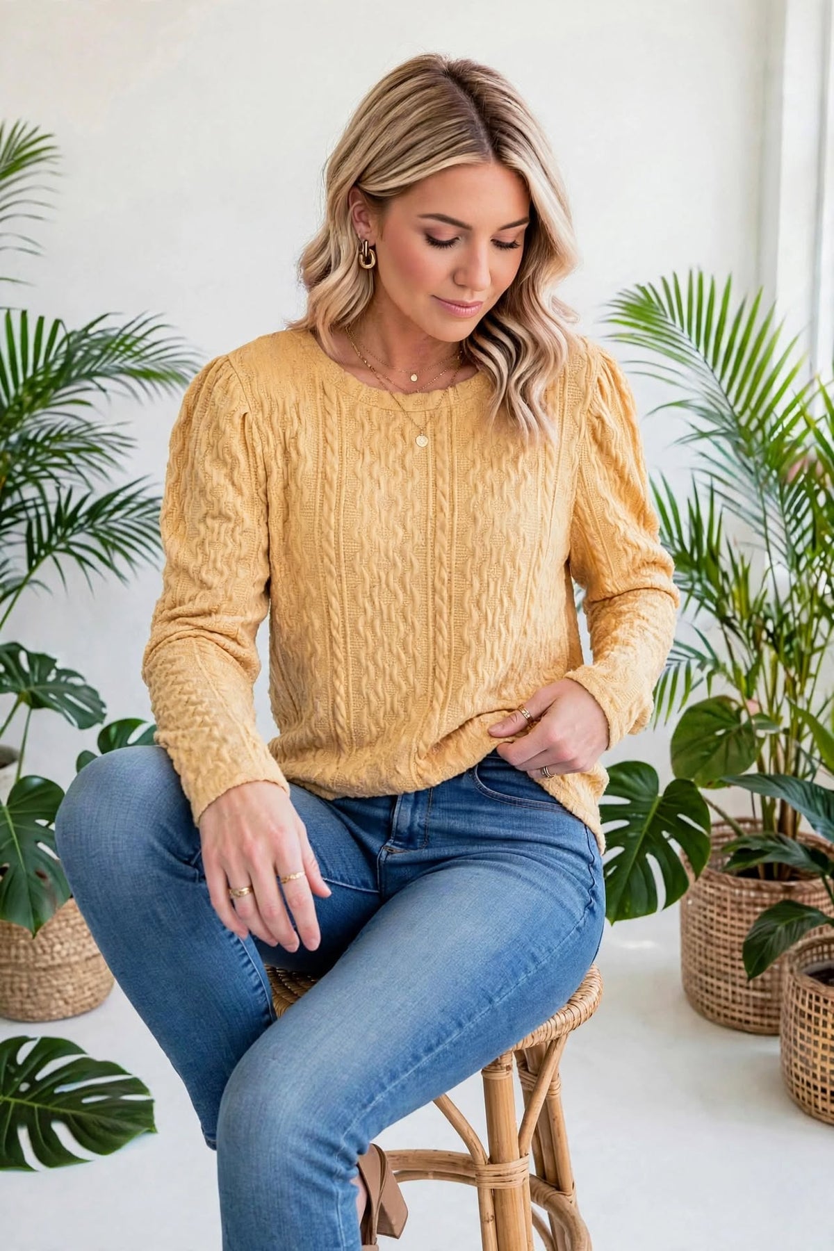 Puffy Sleeve Textured Knit Sweater