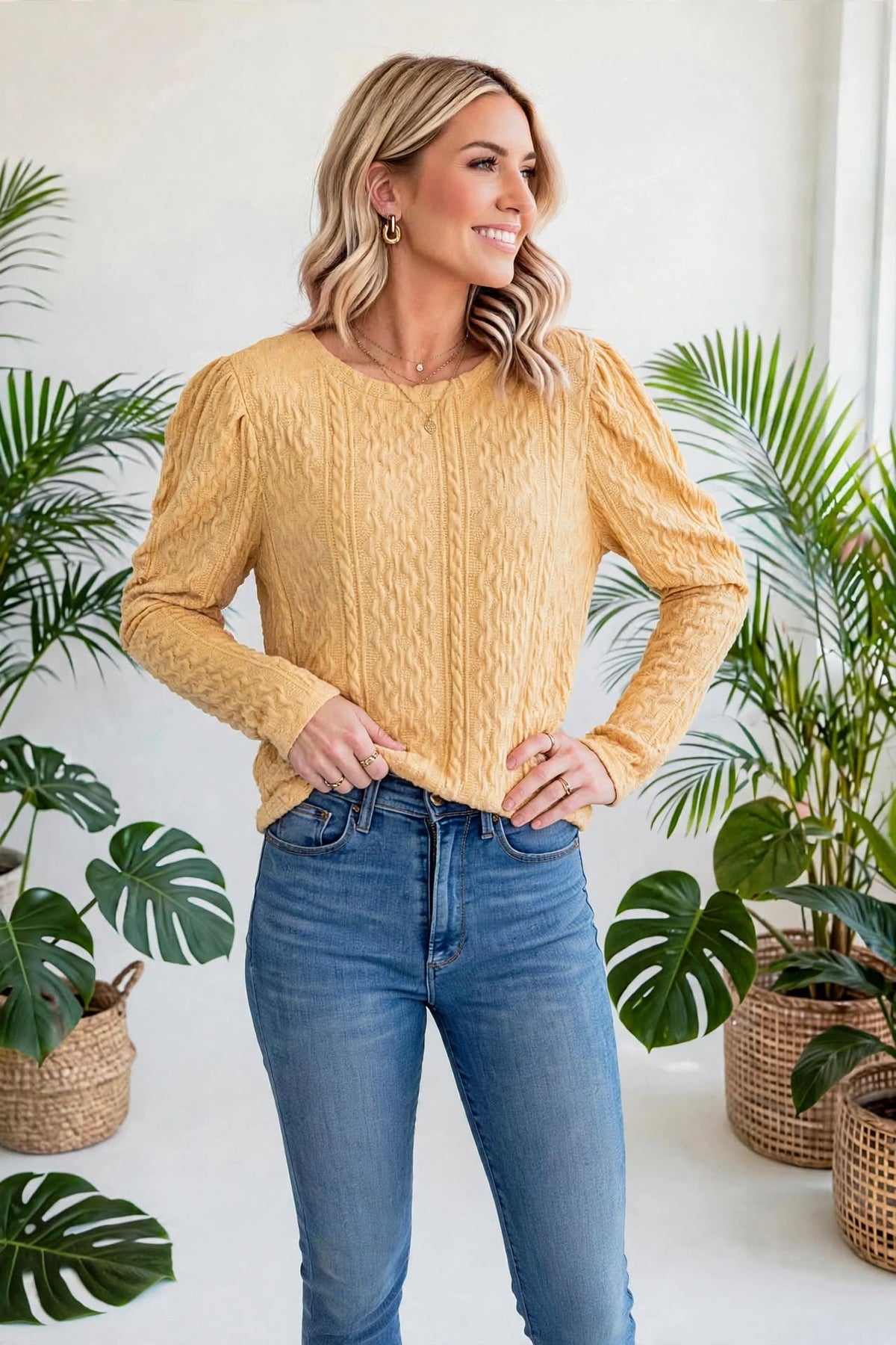 Puffy Sleeve Textured Knit Sweater