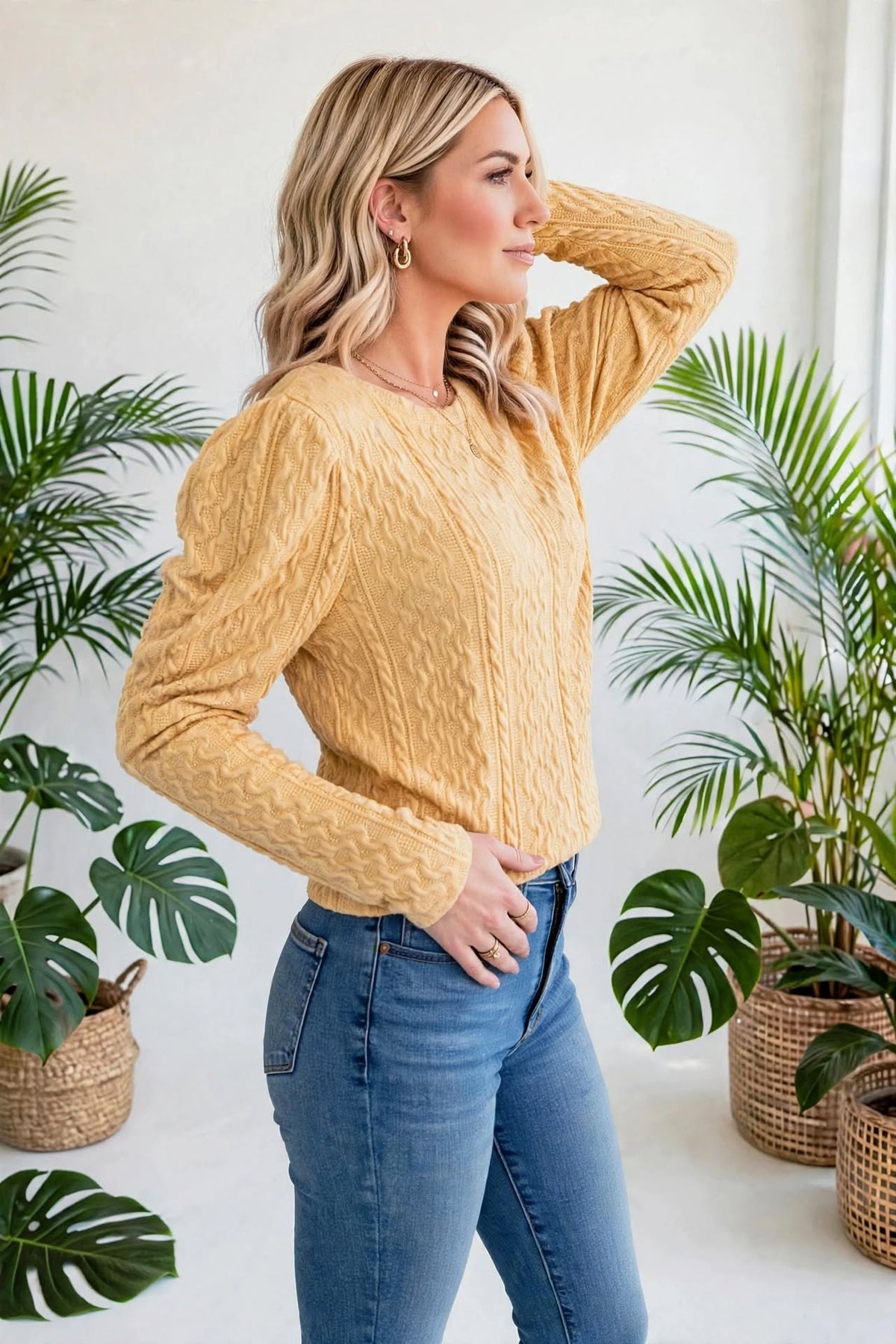 Puffy Sleeve Textured Knit Sweater