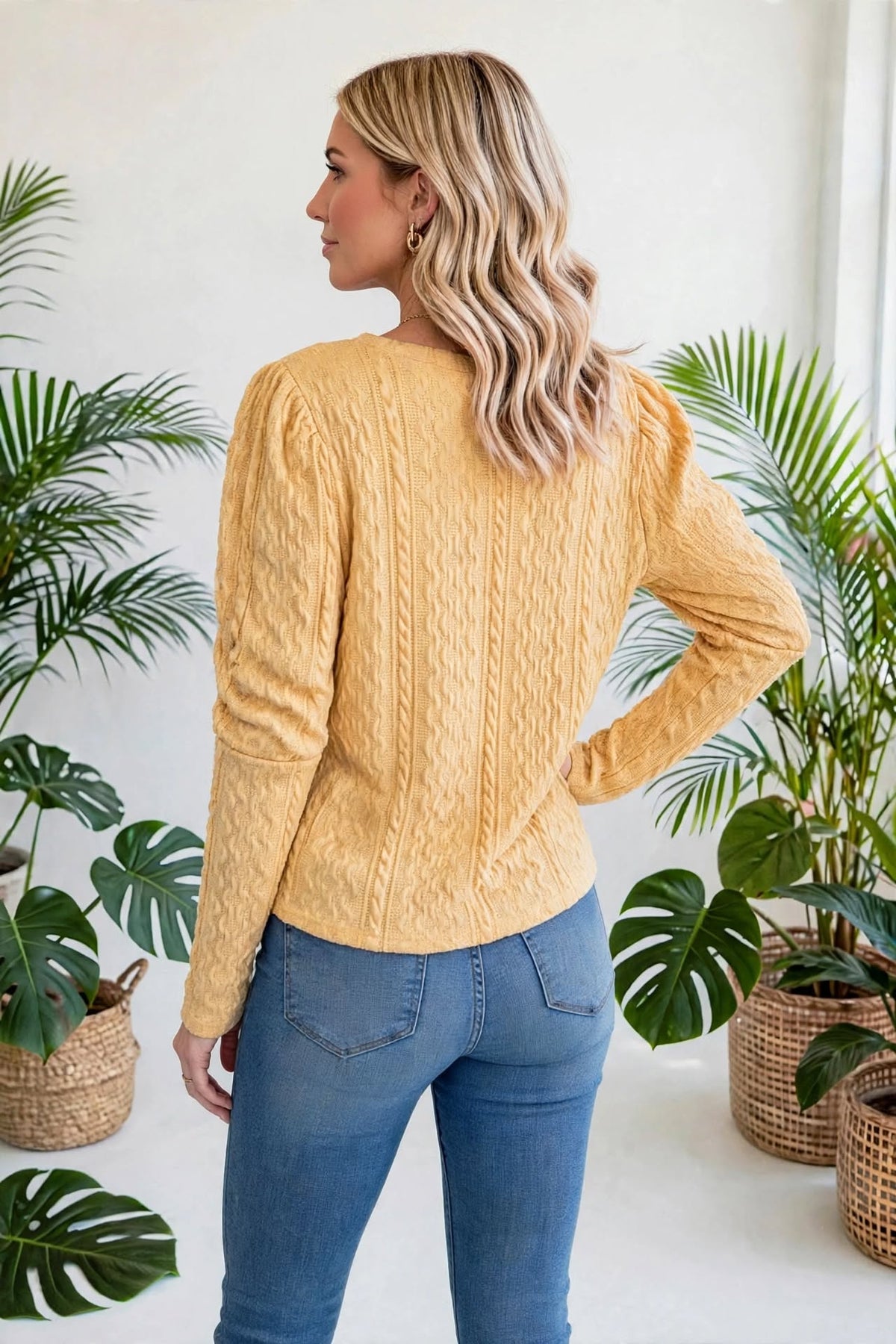 Puffy Sleeve Textured Knit Sweater