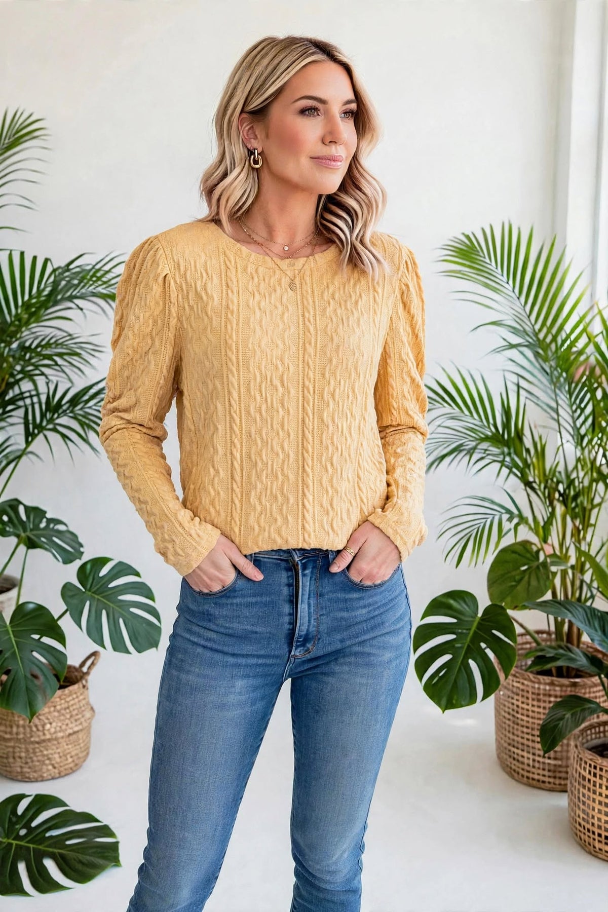 Puffy Sleeve Textured Knit Sweater