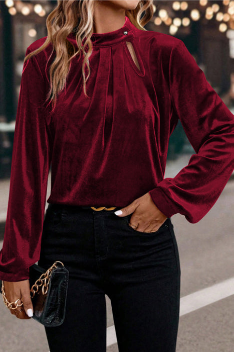 Asymmetric Button Keyhole Neck Velvet Blouse | S-XL