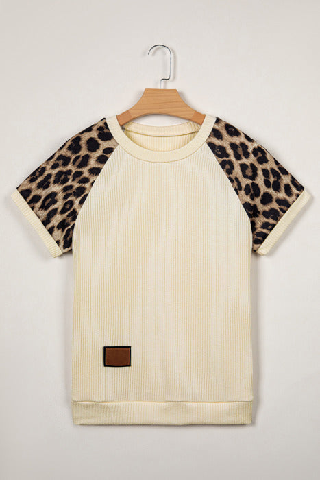 Ribbed Chic Colorblock Leopard Sleeve Tee | S-XL