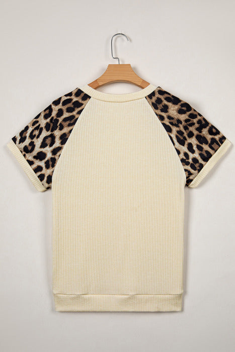 Ribbed Chic Colorblock Leopard Sleeve Tee | S-XL