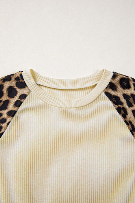Ribbed Chic Colorblock Leopard Sleeve Tee | S-XL
