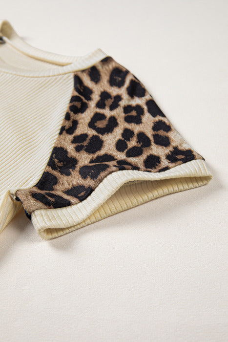 Ribbed Chic Colorblock Leopard Sleeve Tee | S-XL