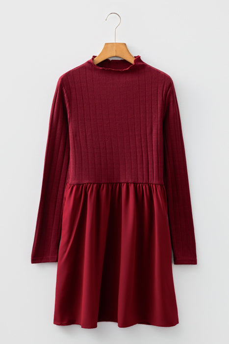 Frilled Neck Ribbed Knit Patchwork Mini Dress | S-XL
