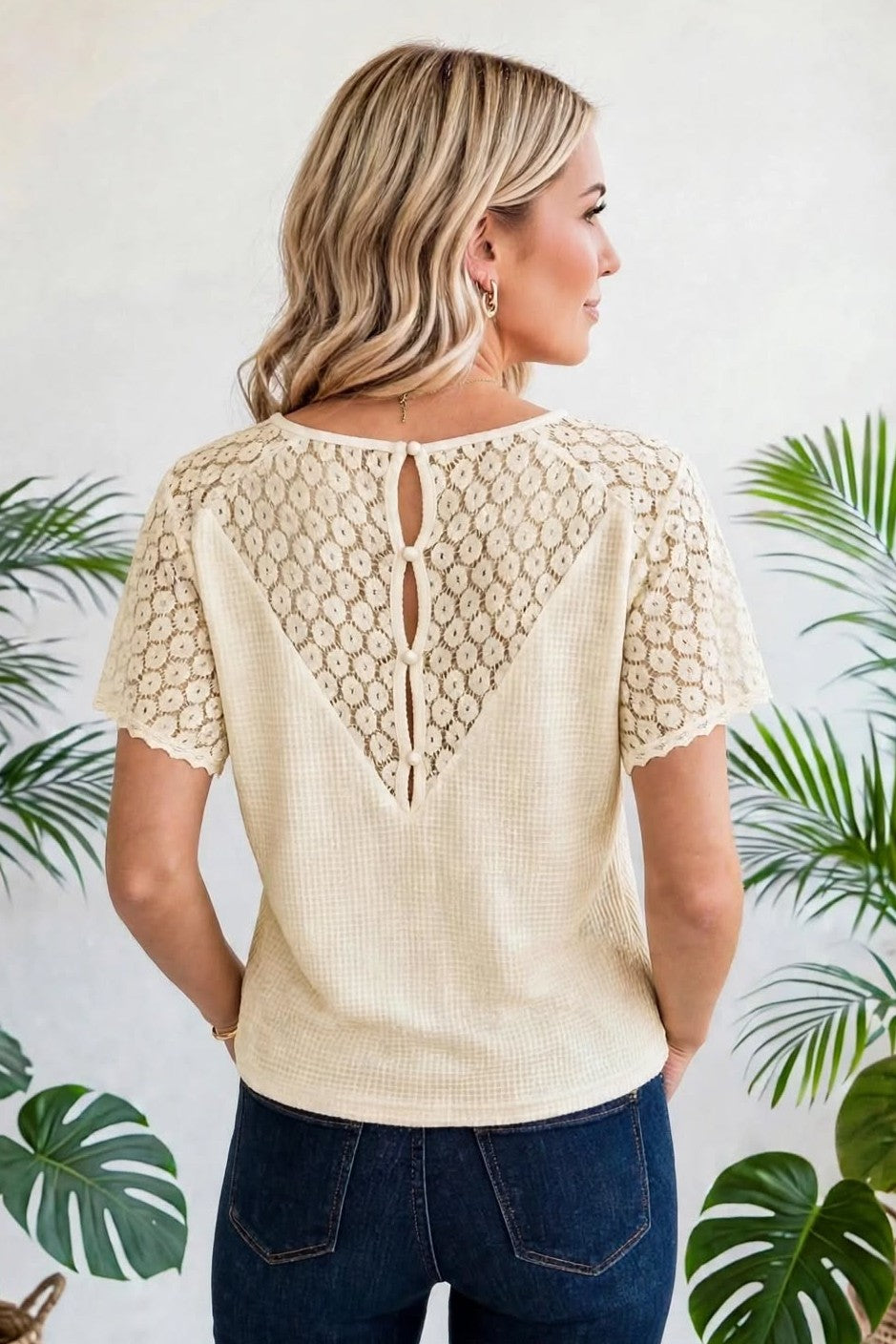 Lace Trim Cutout V-Neck Waffle Knit Button Blouse | S-XL