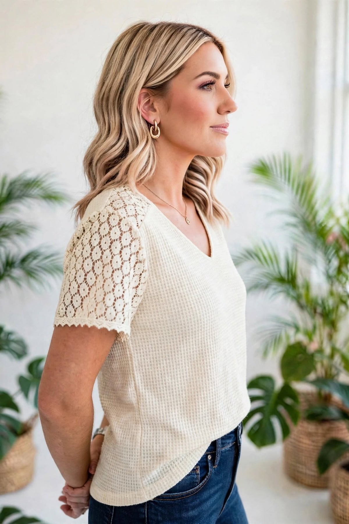 Lace Trim Cutout V-Neck Waffle Knit Button Blouse | S-XL