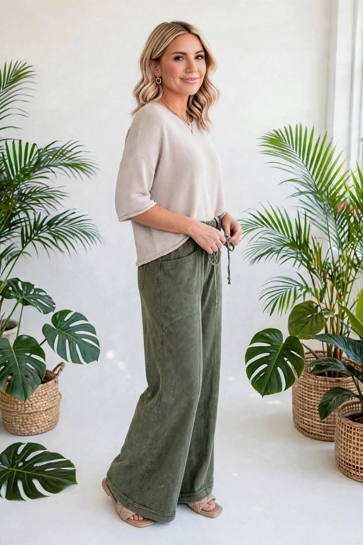 Washed Seam Drawstring Leg Flare Pants | S-XL