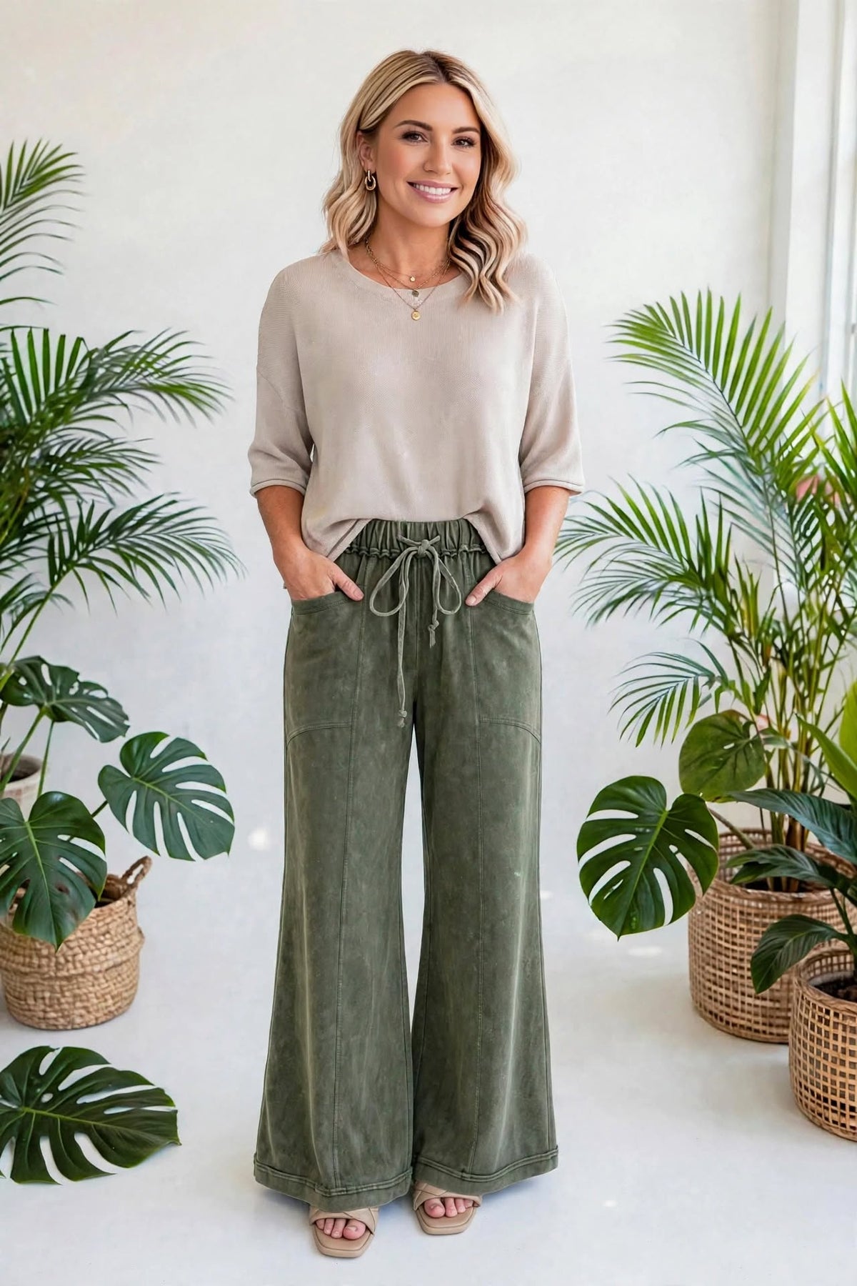 Washed Seam Drawstring Leg Flare Pants | S-XL