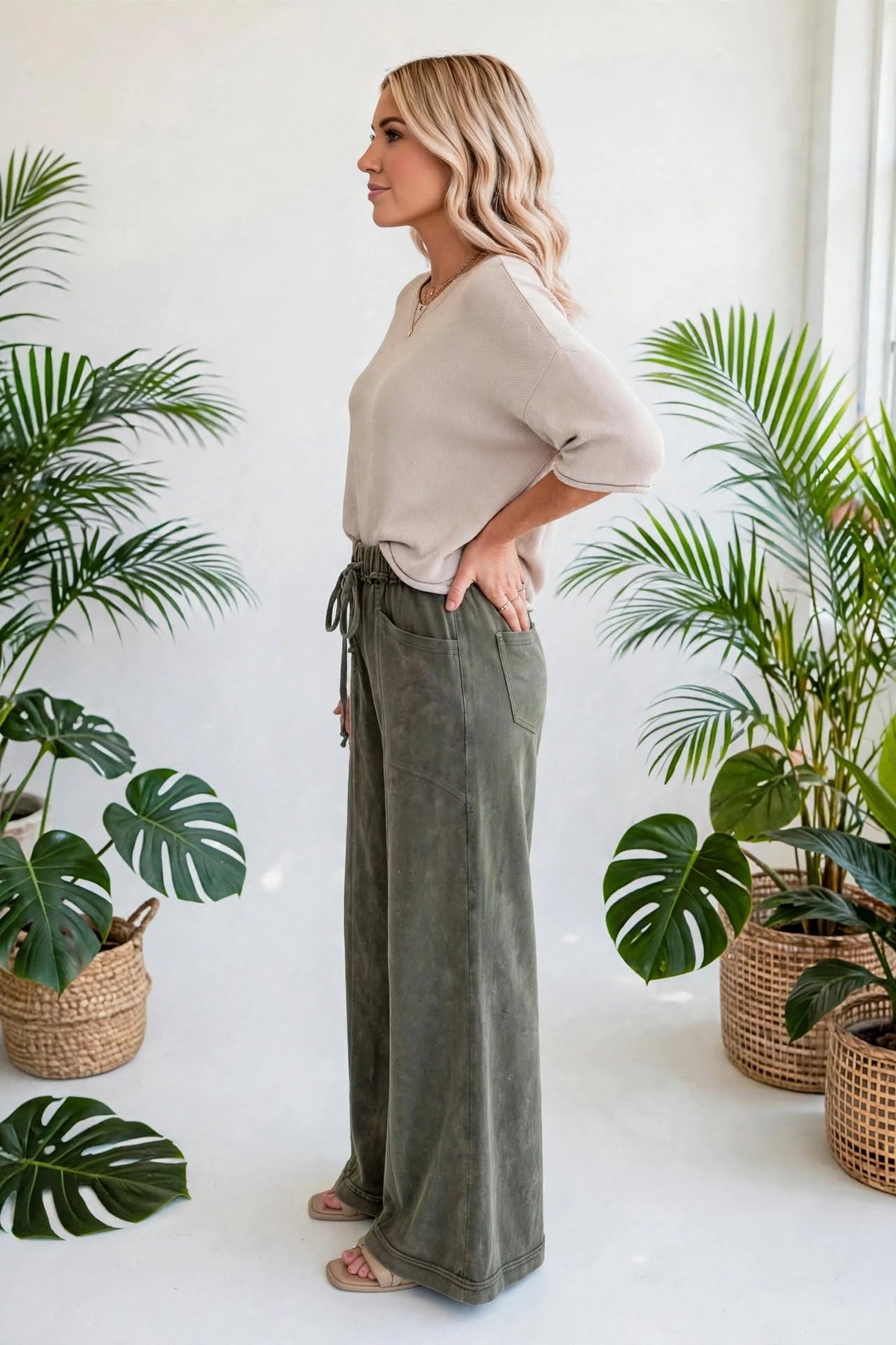 Washed Seam Drawstring Leg Flare Pants | S-XL