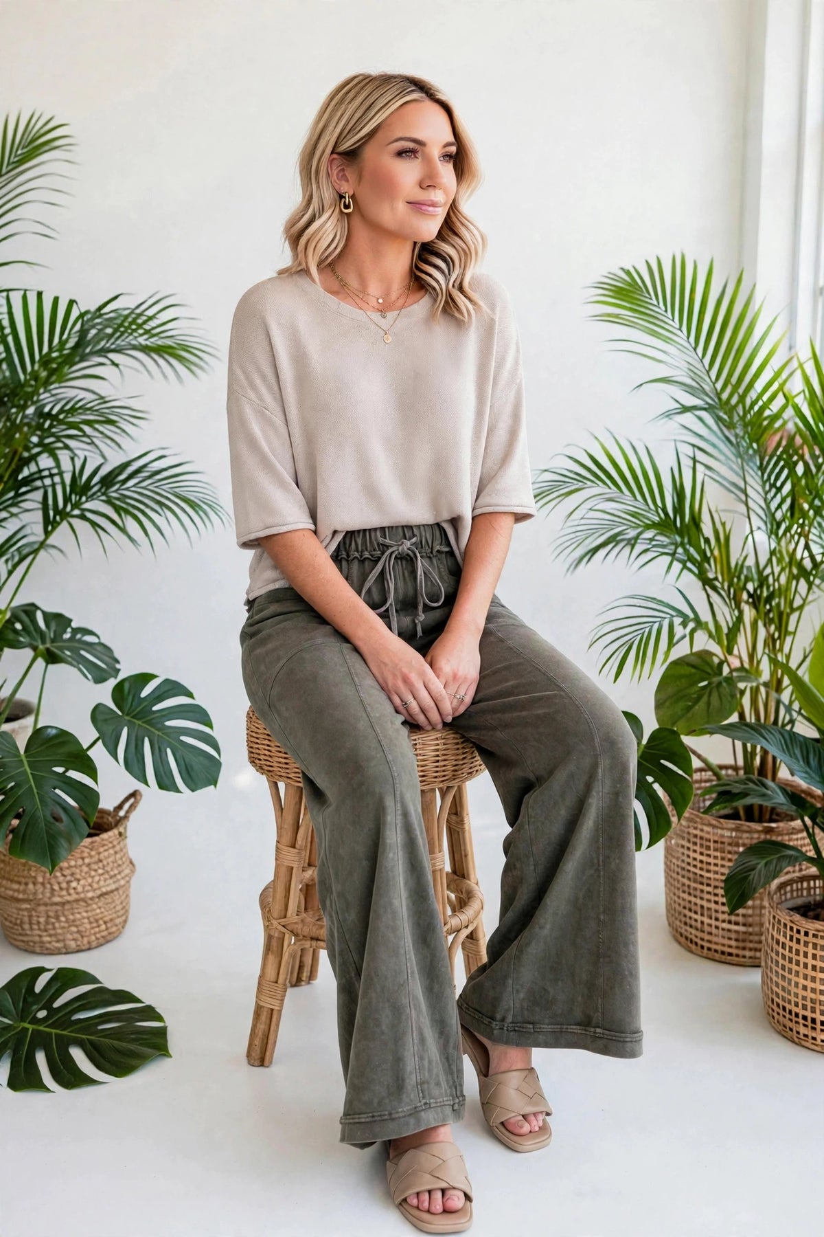 Washed Seam Drawstring Leg Flare Pants | S-XL